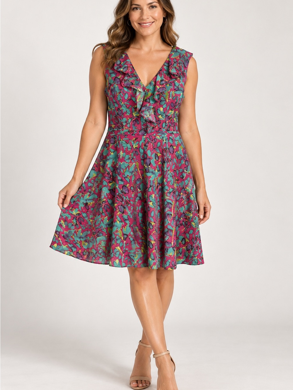 Marc New York Abstract Floral Ruffle Fit & Flare Dress M